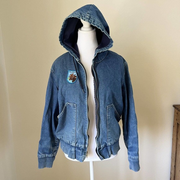 Vintage Womens Denim Jacket Yellowstone Patch Hooded Lined 90s USA - Picture 1 of 16